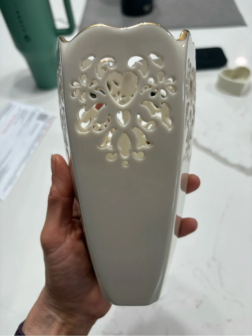 Lenox Cream Ceramic Vase with Gold Trim and Cutout Heart Motif